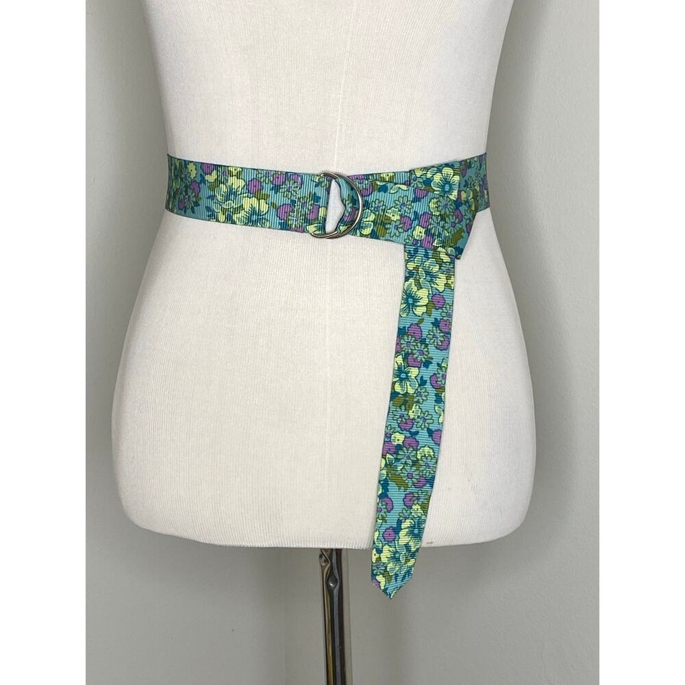 Floral Grosgrain D-Ring Belt in Teal Purple Yellow Floral Print,  Adjustable